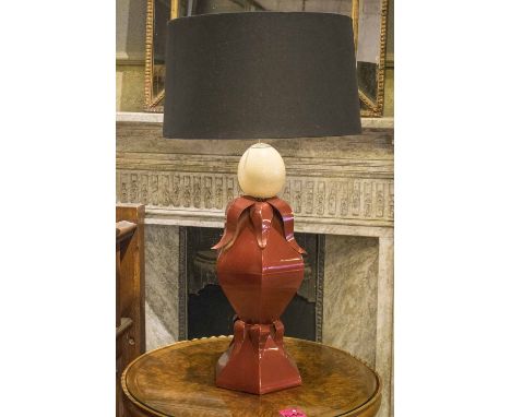 ANTHONY REDMILE LAMP, ostrich egg and red lacquered steel lotus leaf with shade (needs wiring) 93cm H overall.