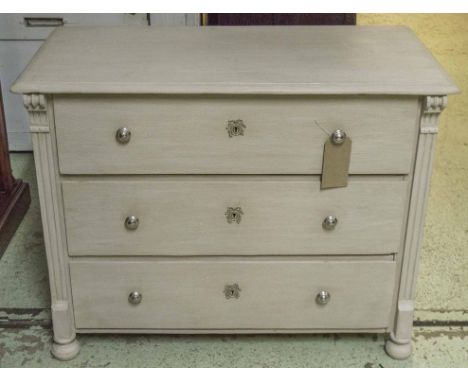 COMMODE, 19th century Gustavian style traditionally grey painted with pillars and three long drawers, 80cm H x 104cm x 50cm.