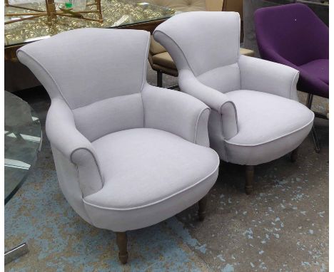 LOUNGE CHAIRS, a pair, French style in light lilac upholstery on short turned legs, 70cm W. (2)