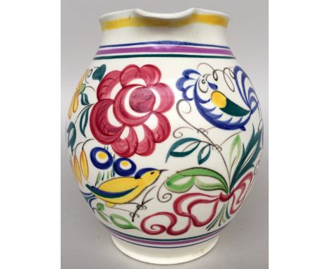 A mid 1950s hand painted Poole pottery jug in the 'LE' pattern 19.5cmH