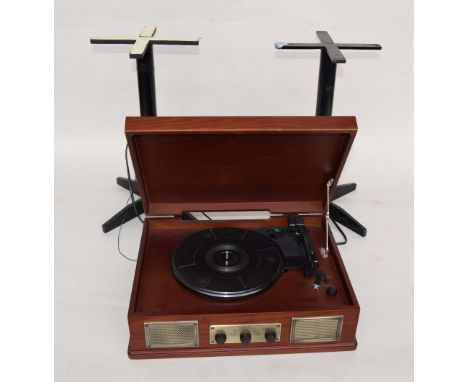 A Steepletone USB Norwich turntable together with two black metal speaker stands