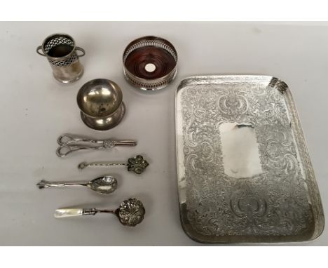 EPNS items such as a Barker Ellis tray decorated with C-scrolls, flowers and pierced border 26x36cm, a wine bottle coaster wi