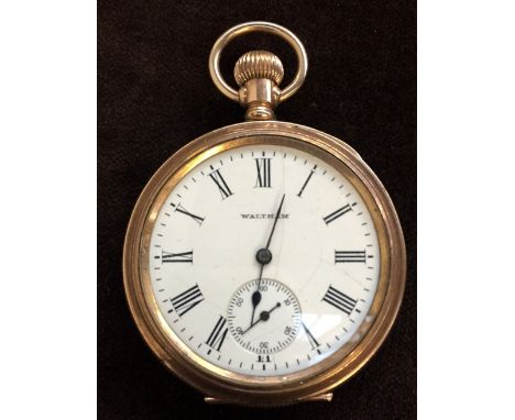 A Waltham USA open faced gold plated pocketwatch, the signed dial with black Roman numerals and seconds subsidiary dial, with