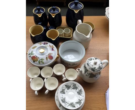 A quantity of blue Denby ware, a set of Napoleon Ivy Wedgwood coffee cups, Royal Worcester terrine and bowl and other items