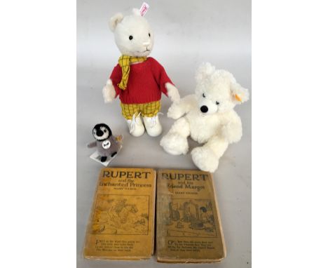 A lot of three Steiff collector toys such as 653568 Rupert Bear white Alpaca Limited Edition 28cmH, 111464 Teddy Bear Lotte m