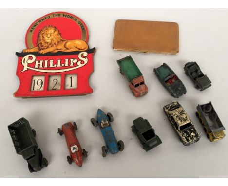 A number of early Dinky toys including a scout car, an Austin champ, a Dodge tipping truck, a Tolbert Lago, an Alfa-Romeo and