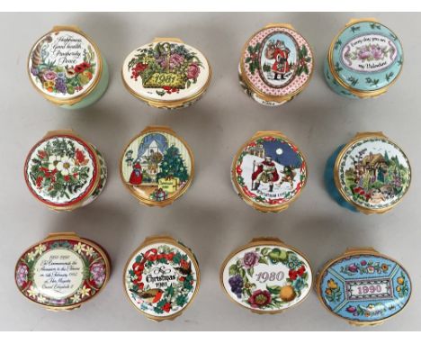 Twelve large Halcyon Days enamel boxes, including Christmas 1980, 1981, 1983, 1984, 1990, Valentine's 1988, a Ruby jubilee 19
