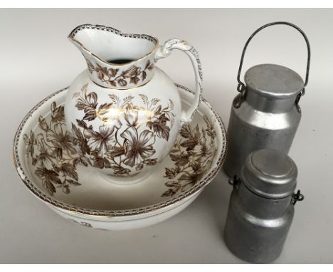 A Royal Premium wash bowl and jug with floral decoration heightened in gilt together with two vintage aluminium milk churns