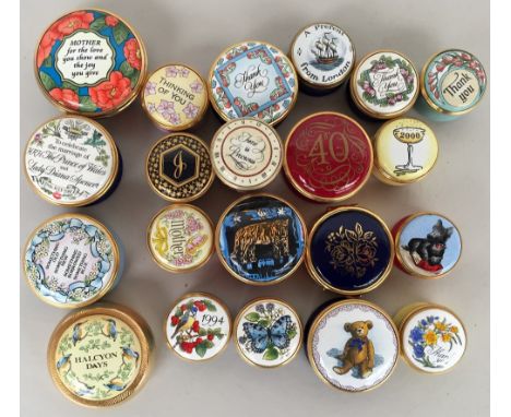 Twenty small Halcyon Days enamel trinket boxes, such as Thank You, Thinking of You, Mother, 1994, 2000, Little Zoo, one for t