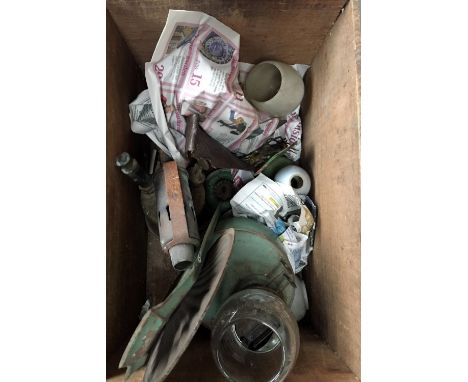 A quantity of paraffin wall lamps with chimneys in a 'Swift Potted Meats' vintage wooden box