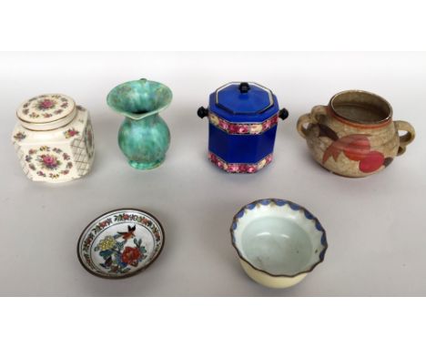Six ceramics, including a green jug 14cmH, a double handled ceramic pot with red, orange and brown motifs 12.5cmH, a bowl wit