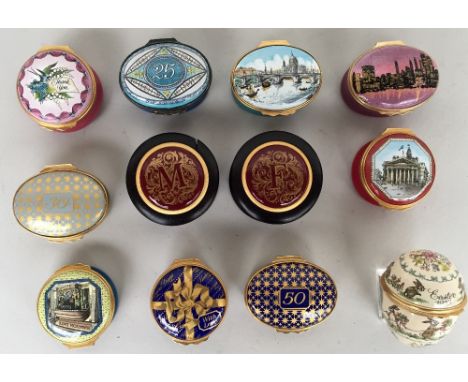 Twelve Halcyon Days large trinket boxes, ten enamel including Easter 1983, 'Thank You', 'With Love',  25th, 30th and 50th wed