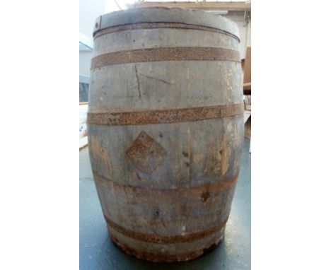 A vintage oak barrel 84 x 53cm together with a crossbeam for wooden measuring scales 168cmW
