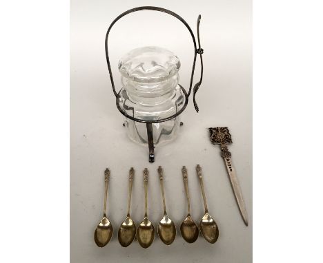 A 19th century pickle castor with fork, a Victorian sterling silver letter opener made by Sterling Silverware, Sheffield depi