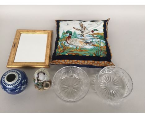 A mixed lot including a blue and white Chinese ginger jar 11.5cmH, two crystal cut glass bowls, a small mirror, a cushion wit