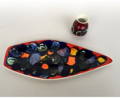 Poole Pottery 'Spear' dish, pattern number 82, in red, blue & black together with a Poole pottery vase in red, black and gree