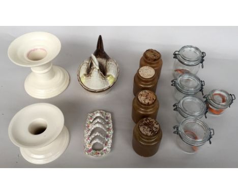 A selection of kitchenware, including four earthenware storage jars with cork lids, five preserve jars, two ceramic ham stand