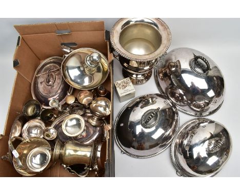 TWO BOXES OF WHITE METAL WARE, to include a white metal wine cooler, three oval domed covers, graduated in size each with gad