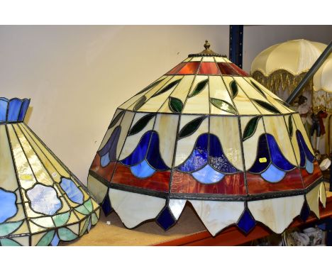 FIVE COLOURED AND LEADED GLASS LIGHT SHADES, various designs, including a pair, most have some damage/losses, the largest dia
