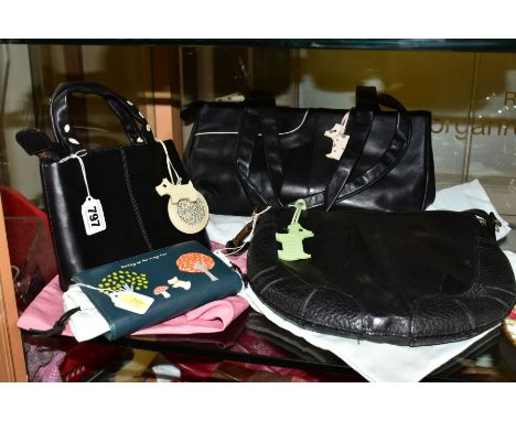 FOUR RADLEY ITEMS, THREE HANDBAGS AND ONE PURSE WITH DUST BAG, comprising 14cm x 20cm clutch bag, 22cm x 28cm handbag with sh