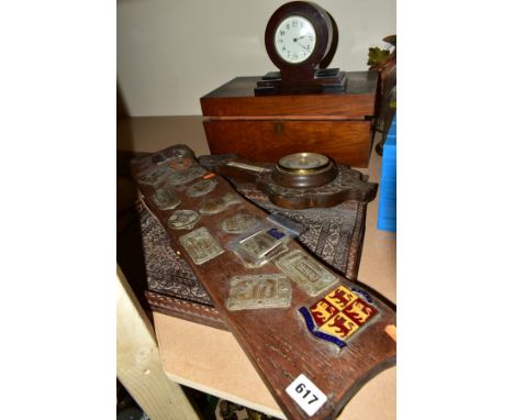 A WOODEN RECTANGULAR PLAQUE WITH CAST METAL RALLY BADGES, 'S.W.A.C. Welsh 1937 Rally', 'S.W.A.C. Welsh 1938 Rally', 'R.A.C To