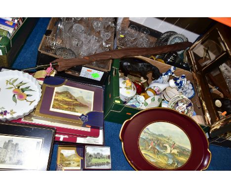 A COLLECTION OF PLACEMATS AND COASTERS AND THREE BOXES OF CERAMICS, GLASS AND METALWARE, etc, to include Country Artists 'Fre