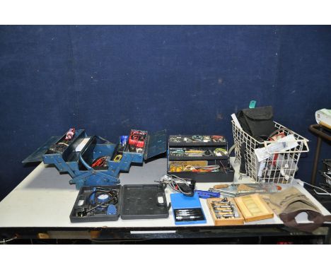 A METAL TOOLBOX, PLASTIC TOOLBOX AND TRAY containing tools including Powerfix and Mastek mustimeter's, moisture meters, Drape