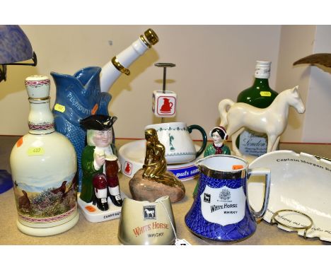 THIRTEEN PIECES OF ADVERTISING CERAMICS, comprising a Shelley White Horse Whisky horse's hoof ashtray, a Shelley White Horse 