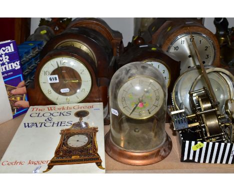 A QUANTITY OF VARIOUS CLOCK CASES, PARTS, DOMES etc, to include a Smiths clock four Anniversary clocks, not complete (crack i