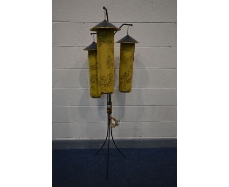 A SPUTNIK TRIPLE BRANCH STAND LAMP with hanging cylindrical shades, height 156cm