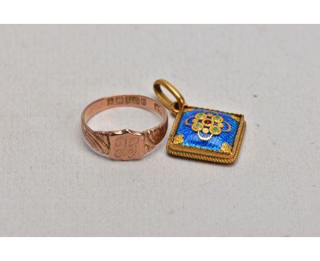 AN EARLY 20TH CENTURY 9CT ROSE GOLD RING AND A YELLOW METAL GUILLOCHE ENAMEL PENDANT, the rose gold signet ring with engraved