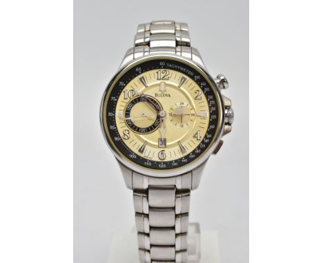 A GENTS 'BULOVA' CHRONOGRAPH WRISTWATCH, round gold dial signed 'Bulova', Arabic numerals and baton markers, two subsidiary d