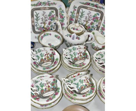 A FORTY PIECE COALPORT INDIAN TREE PATTERN TEA SET comprising two square handled cake plates, 24cm, cream jug and sugar bowl,