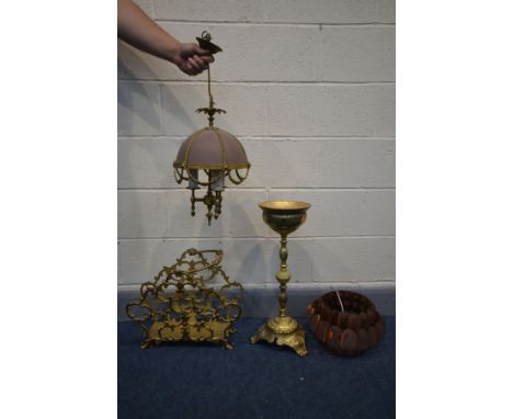 A 1970'S COPPERED CEILING LIGHT, along a gilt metal ceiling light with an enamel shade, a gilt metal magazine rack and a bras