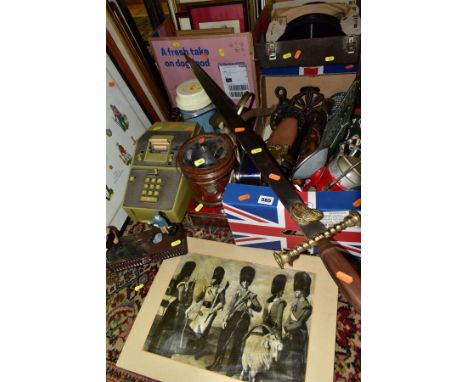 TWO BOXES AND LOOSE SUNDRY ITEMS, PICTURES, etc, to include a decorative ornamental sword, a Victor Tellymaster, a small nove