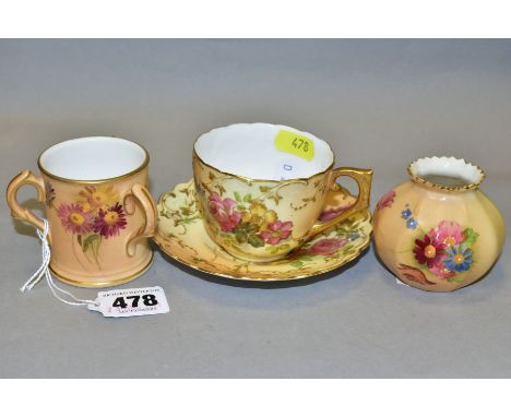 A ROYAL WORCESTER BLUSH IVORY MATCHED COFFEE CUP AND SAUCER AND TWO OTHER SIMILAR ITEMS, the cup and saucer painted with flow