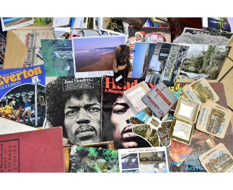 EPHEMERA, two Jimi Hendrix books (song manual and biography) modern postcards, beermats, a wooden box and a metal box inscrib
