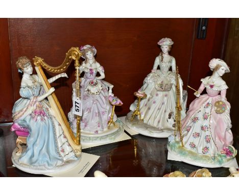 A SET OF FOUR ROYAL WORCESTER LIMITED EDITION FIGURINES, from The Graceful Arts Collection, comprising 'Music', 'Embroidery' 