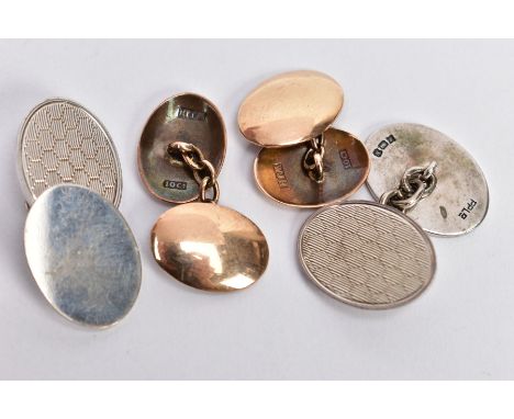TWO PAIRS OF CUFFLINKS, both with chain link connectors, the first a pair of early 20th century 10ct cufflinks of plain oval 
