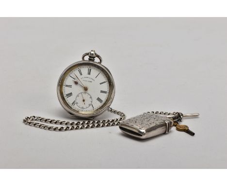 AN OPEN FACE POCKET WATCH AND A SILVER VESTA, the pocket watch with a round white dial signed 'H.E.PECK. London, Swiss made',