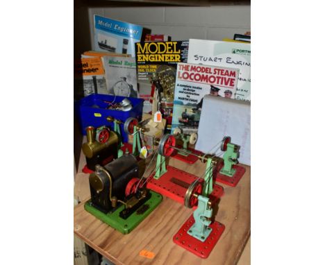 AN UNBOXED S.E.L STANDARD LIVE STEAM ENGINE, not tested, mounted on a wooden board and driving a selection of Mamod workshop 