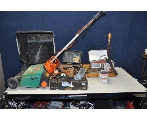 A VINTAGE BLACK AND DECKER LAWN RAKER, drill and sander (all PAT pass and working), a vintage paper guillotine, a Record No15