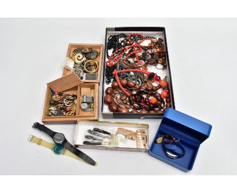 A BOX OF ASSORTED COSTUME JEWELLERY, to include various beaded necklaces, non-pierced earrings, a 'Braun' lighter, two swatch