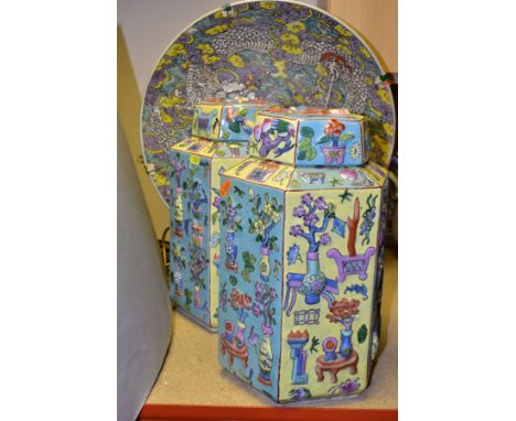 A PAIR OF 20TH CENTURY CHINESE PORCELAIN POLYCHROME OCTAGONAL RELIEF MOULDED JARS AND COVERS AND A LATE 19TH CENTURY JAPANESE