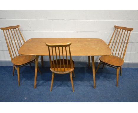 AN ERCOL MODEL 382 ELM AND BEECH DINING TABLE, length 152cm x depth 76cm x height 71cm and three Windsor goldsmith chairs (co