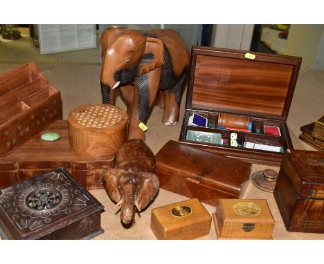 VARIOUS WOODEN ITEMS, GAMES COMPENDIUM, MARBLES etc, to include a tea caddy (cracked and missing corners), carved elephants, 