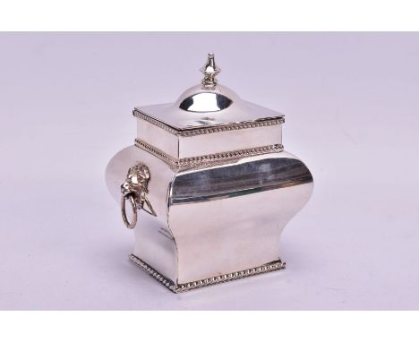 A SECOND HALF 20TH CENTURY SILVER PLATE ON COPPER TEA CADDY OF BOMBE FORM, knopped finial, gadrooned rims, lions mask and rin