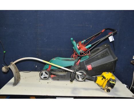 A BOSCH ROTAK 340ER ELECTRIC LAWN MOWER (PAT pass and working) and a McCulloch petrol strimmer (engine pulls freely but hasn'