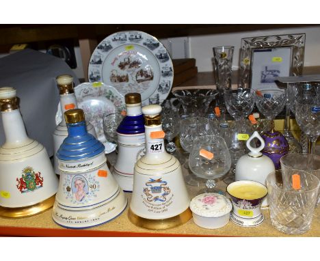 A MIXED GROUP OF CERAMICS AND GLASS, to include five ceramic Bells Whisky decanters (still sealed), a quantity of cut glass a