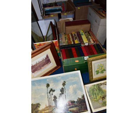 TWO BOXES OF BOOKS, TWO BOXES OF PICTURES, THREE LARGER PICTURES, FERGUSON RECORD PLAYER AND TWO BOXES OF RECORDS, book boxes
